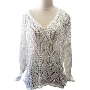 CT774 Tina Stephens Italian Long Sleeve V-neck White Crocheted Sweater S